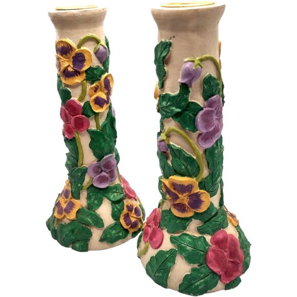 Vintage Floral Hand Painted Candle Holders 3D Resin & Brass Colorful 7" Flowers - Picture 3 of 10